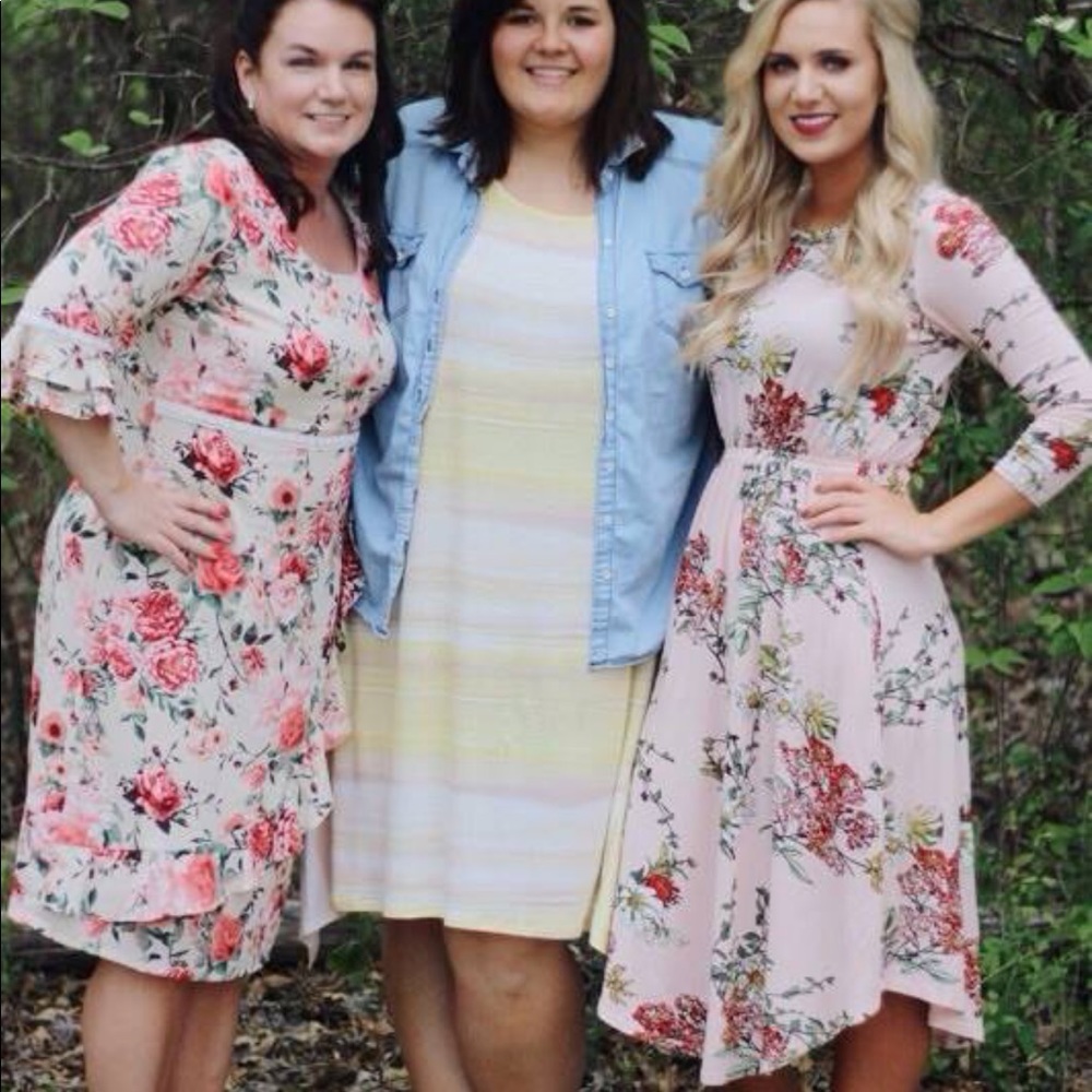 Pink floral dress (on the right)